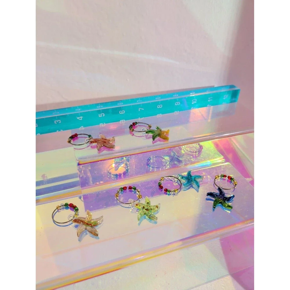 Vintage Glass Starfish Wine Glass Charms Set of 6 Multicolor Coastal Beaded
